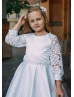 White Satin Lace Flower Girl Dress With Pearls Belt